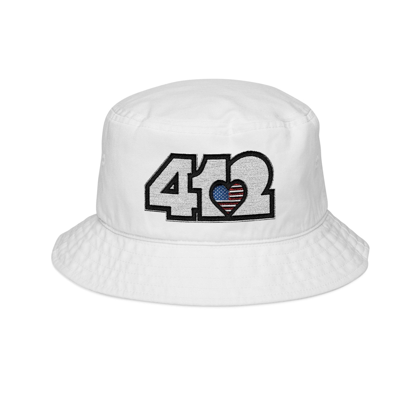 White Blue 412 Gilligan Crown bucket hat with embroidered stars and stripes heart and white 412 logo; patriotic streetwear inspired by Pittsburgh culture.