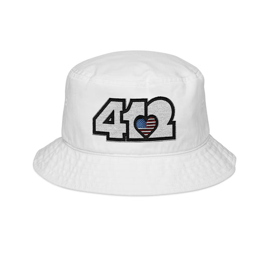 White Blue 412 Gilligan Crown bucket hat with embroidered stars and stripes heart and white 412 logo; patriotic streetwear inspired by Pittsburgh culture.