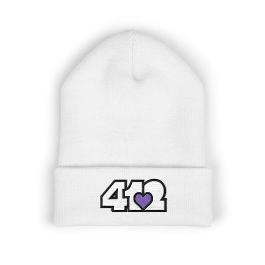 White 412 Skull Crown beanie with black embroidered logo and purple heart patch — Pittsburgh streetwear rooted in Steel City grit.