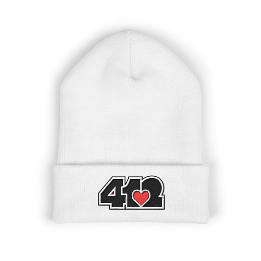 White 412 Skull Crown beanie with black embroidered logo and red heart patch, blending Pittsburgh grit with royal symbolism.