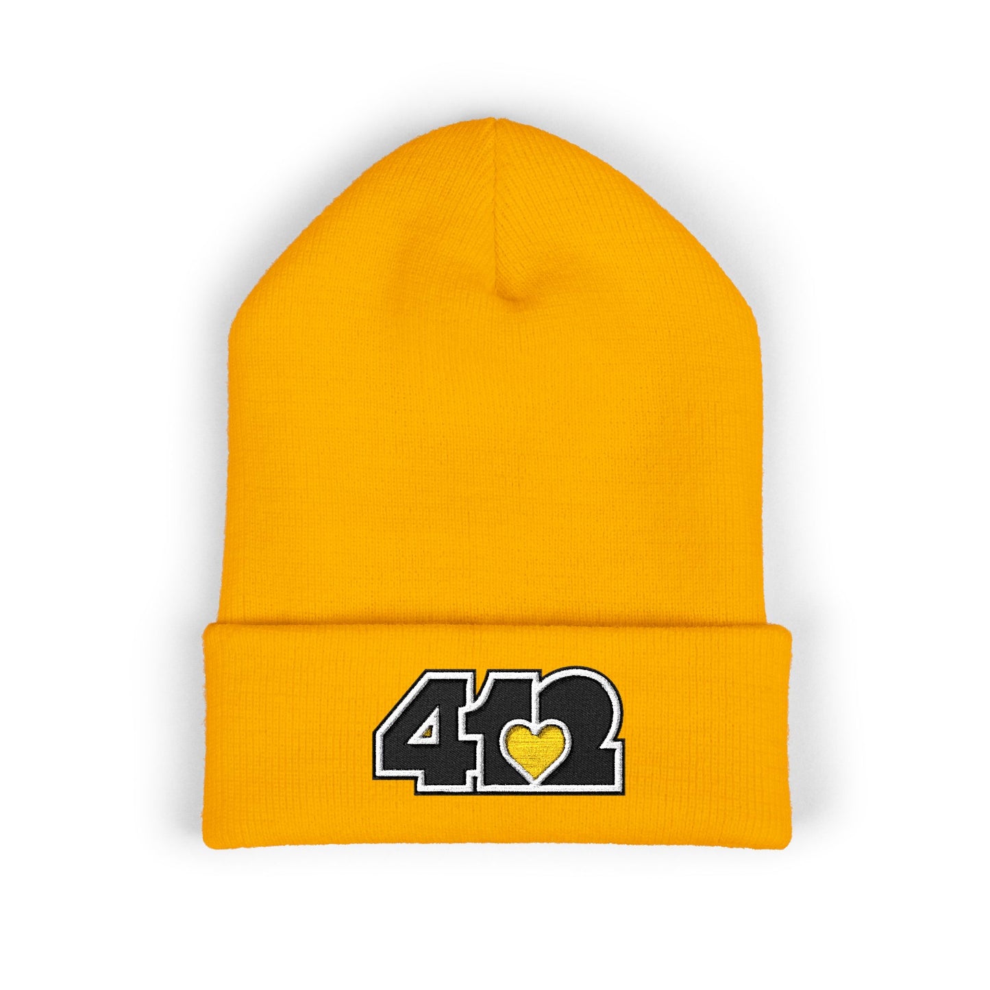 Yellow 412 Skull Crown beanie with yellow embroidered heart and black logo, channeling Pittsburgh streetwear with regal edge and radiant contrast.