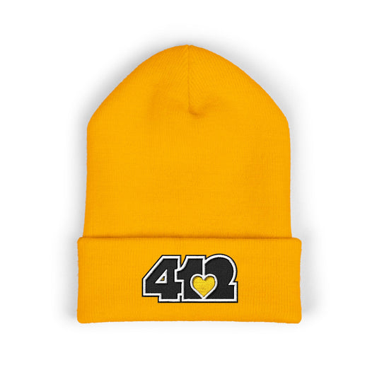 Yellow 412 Skull Crown beanie with yellow embroidered heart and black logo, channeling Pittsburgh streetwear with regal edge and radiant contrast.