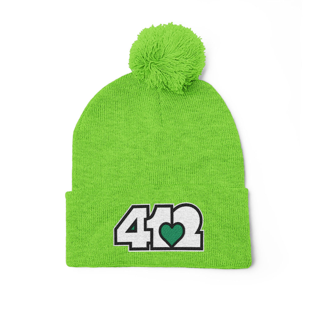 Pittsburgh 412 White Green Heart Embroidered Pom Beanie