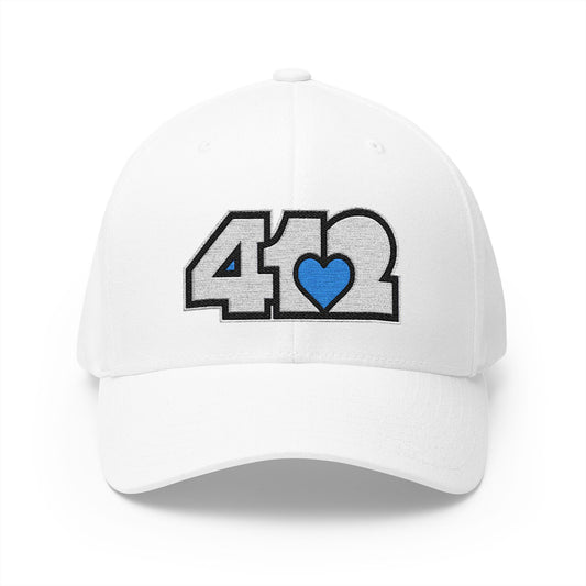 412 Stretch Fit Crown - Embroidered Blue Heart, White Logo