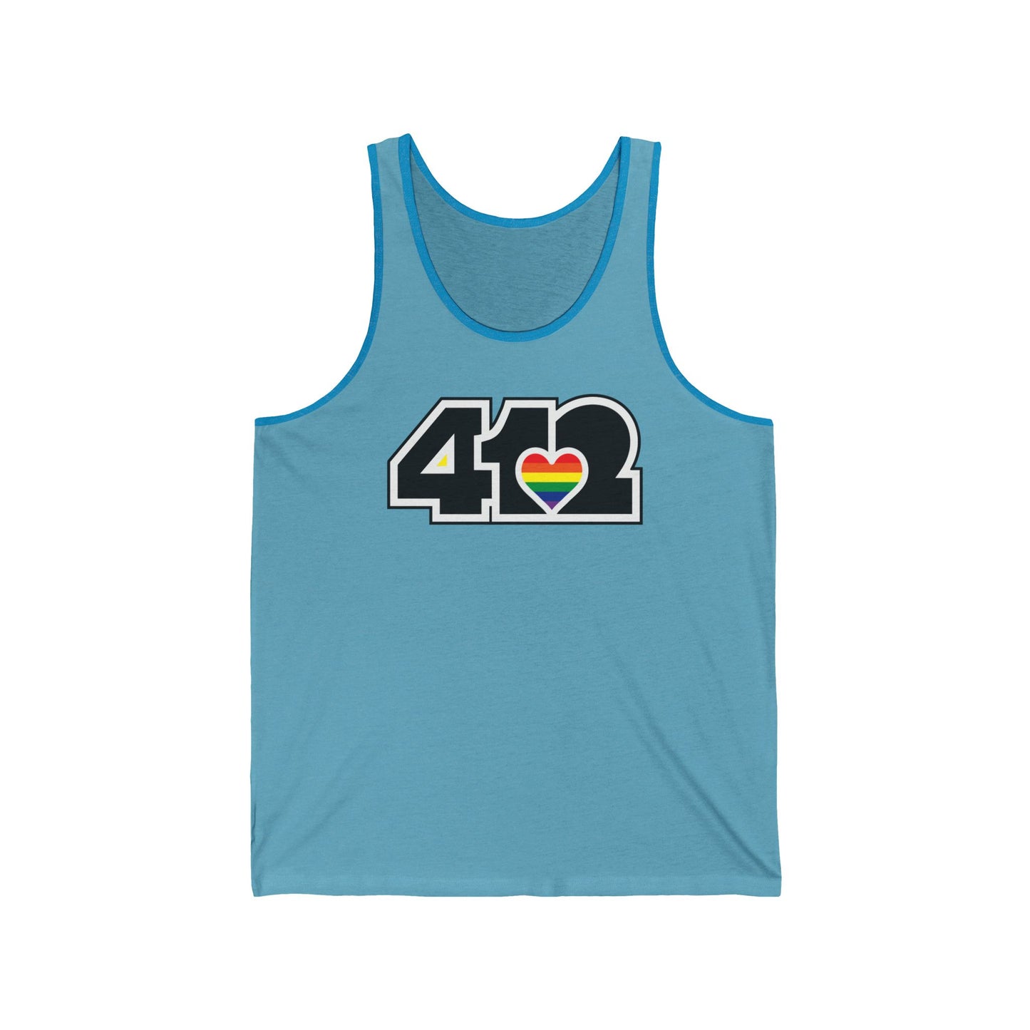 412 Unisex Jersey Tank - Rainbow Heart, Black Logo