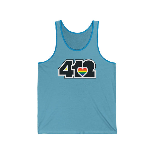412 Unisex Jersey Tank - Rainbow Heart, Black Logo