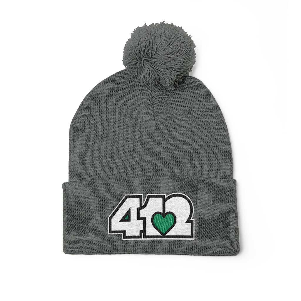 Pittsburgh 412 White Green Heart Embroidered Pom Beanie