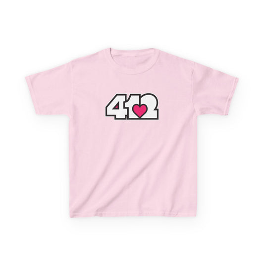 412 Kids Cotton Tee - Pink Heart, White Logo