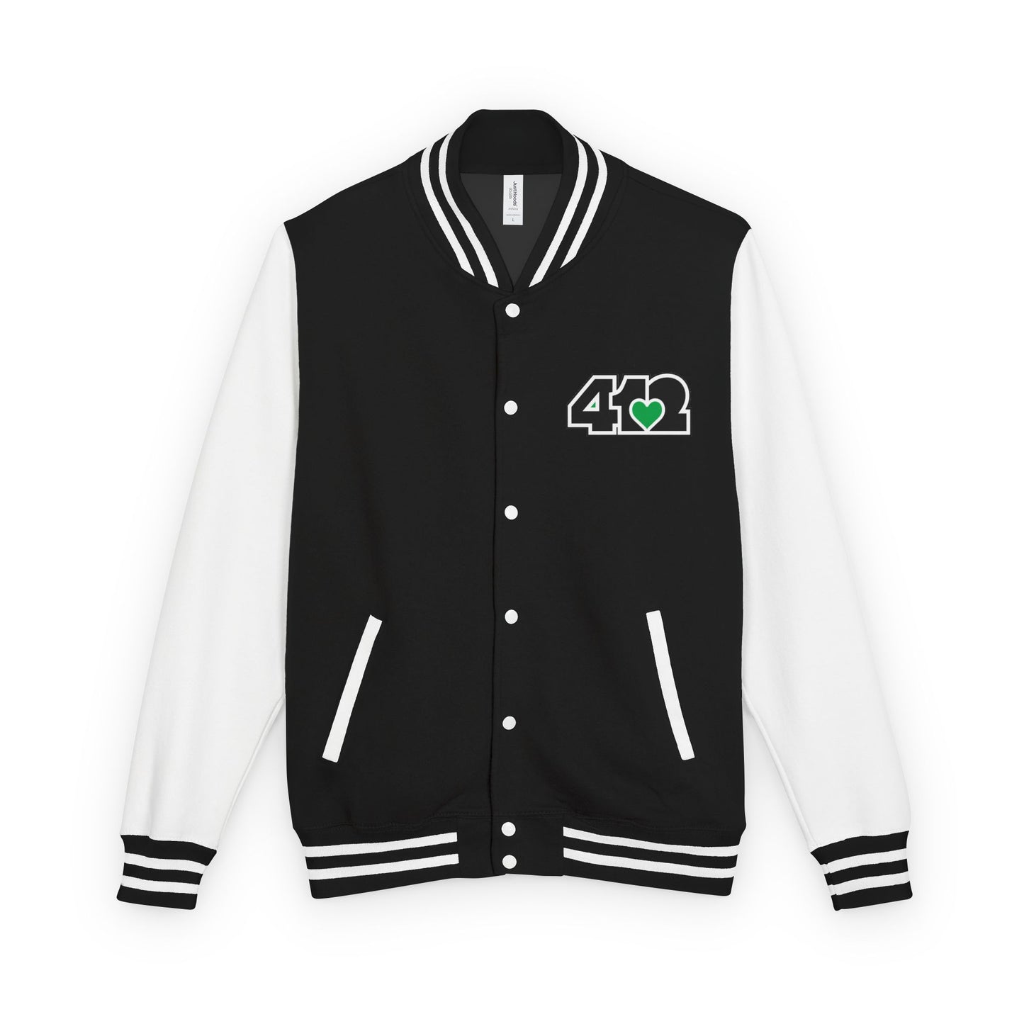412 Embroidered Letterman Jacket - Green Heart, Black Logo