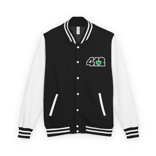 412 Embroidered Letterman Jacket - Green Heart, Black Logo
