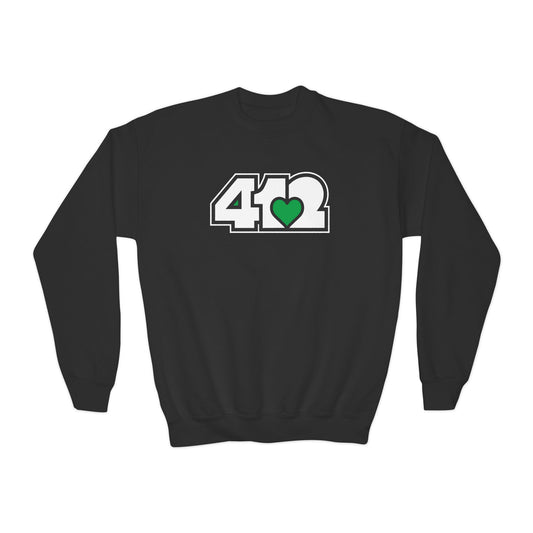 412 Crew Neck Youth Sweatshirt - Green Heart, White Logo