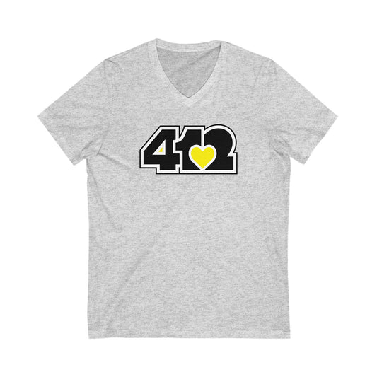 412 Women's V-Neck - Yellow Heart, Black Logo