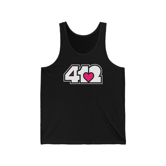 412 Unisex Jersey Tank - Pink Heart, White Logo