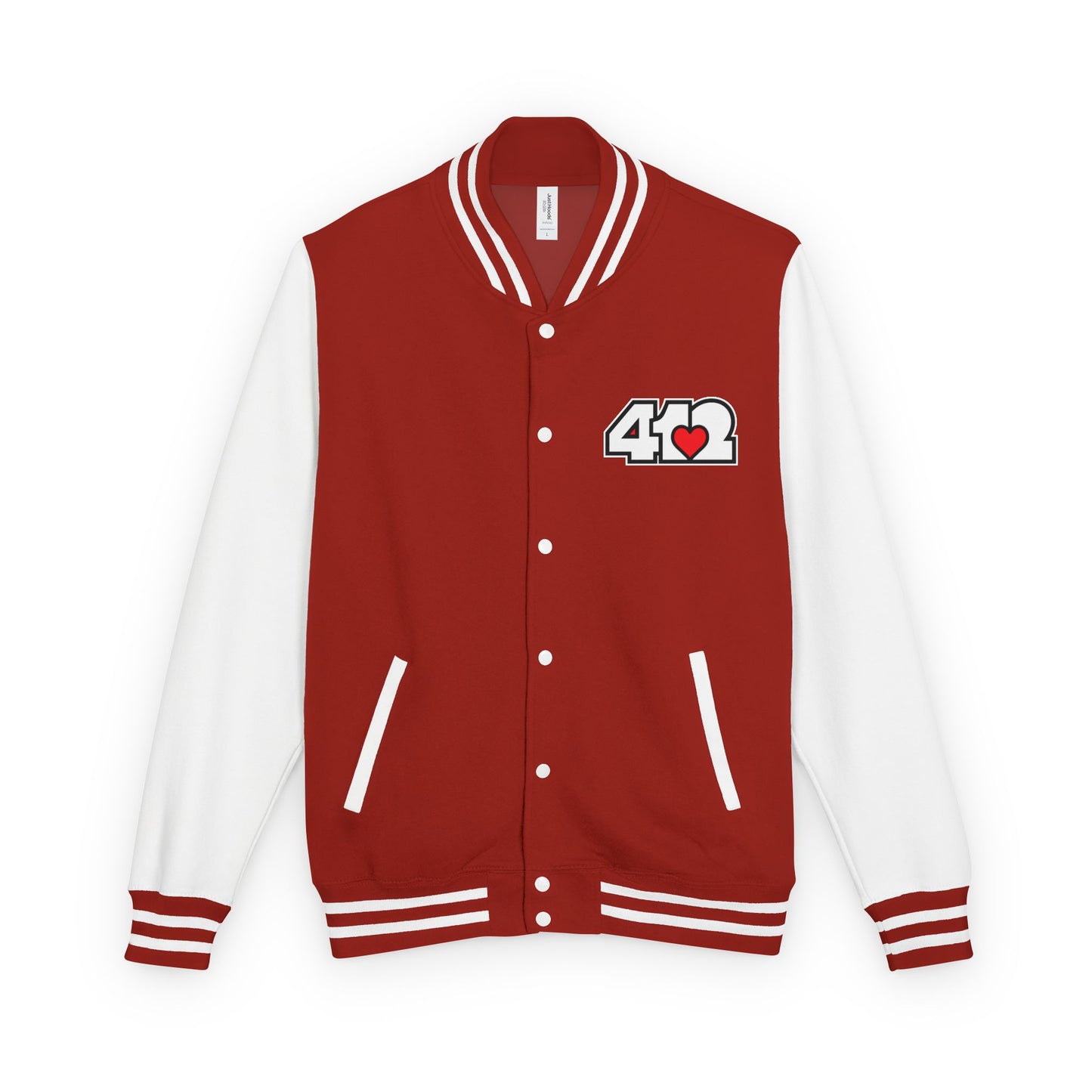 412 Embroidered Letterman Jacket - Red Heart, White Logo
