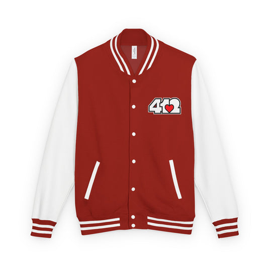 412 Embroidered Letterman Jacket - Red Heart, White Logo