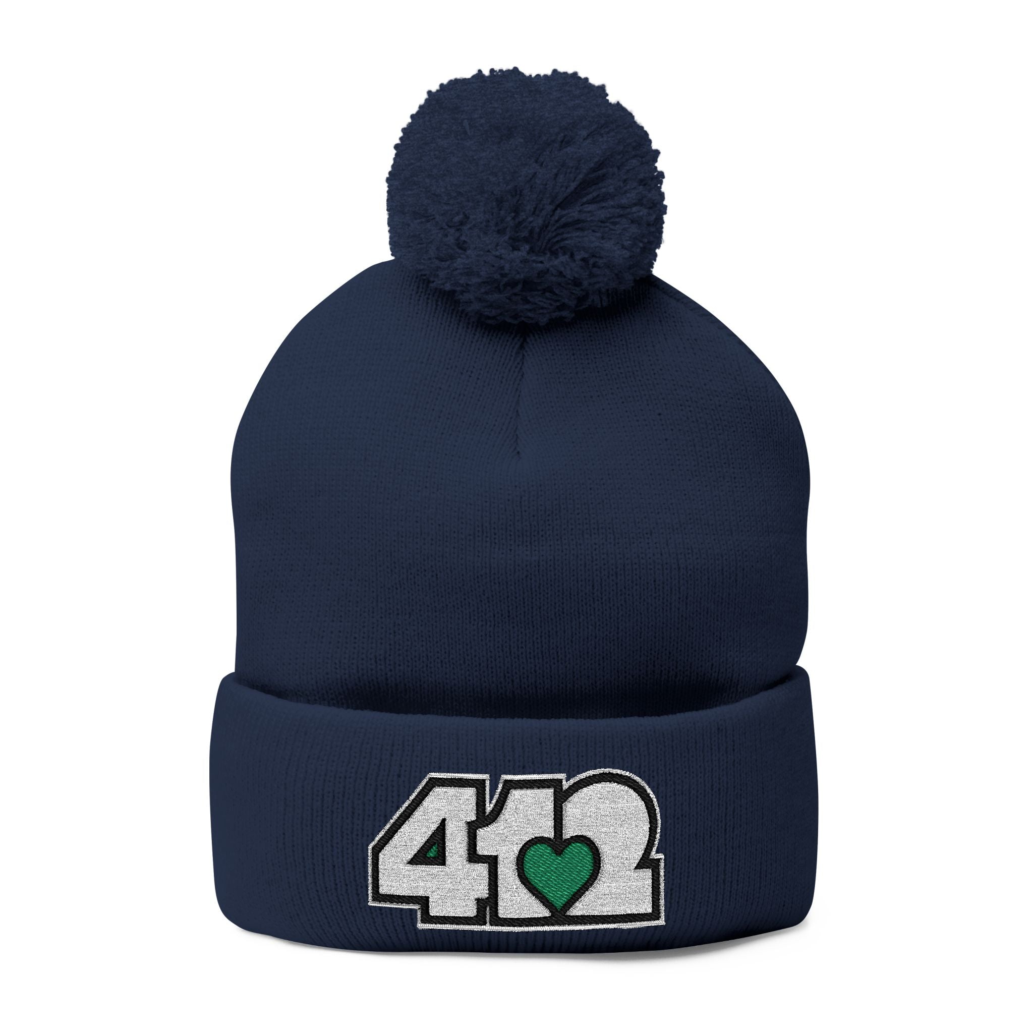 Pittsburgh 412 White Green Heart Embroidered Pom Beanie