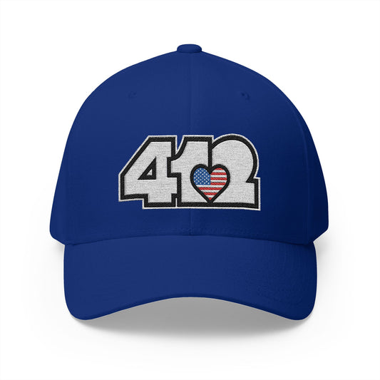 412 Stretch Fit Crown - Embroidered Stars & Stripes Heart, White Logo