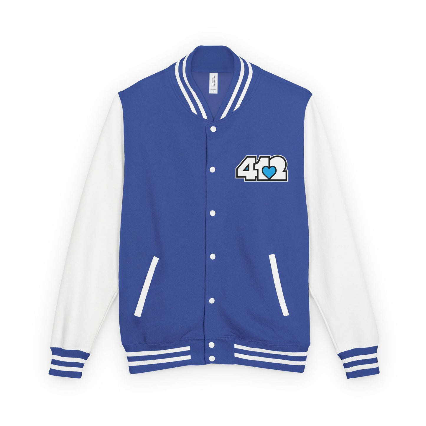 412 Embroidered Letterman Jacket - Blue Heart, White Logo