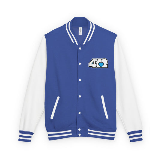 412 Embroidered Letterman Jacket - Blue Heart, White Logo