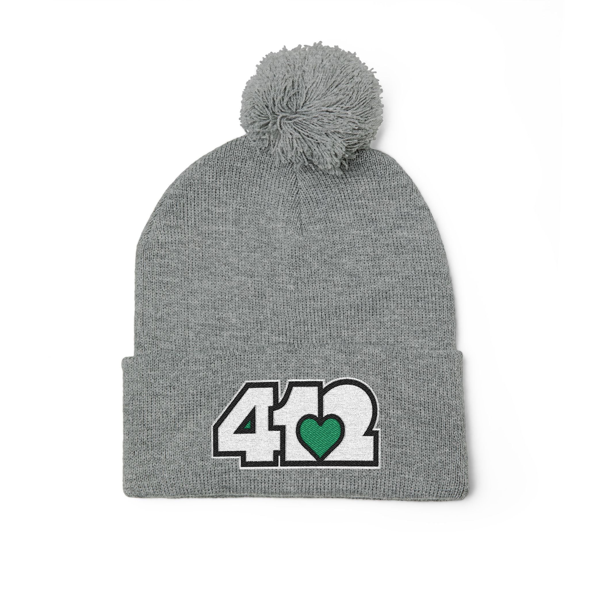 Pittsburgh 412 White Green Heart Embroidered Pom Beanie