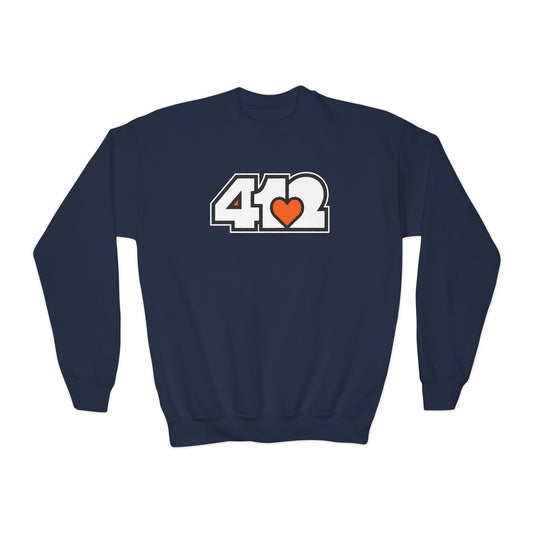 412 Crew Neck Youth Sweatshirt - Orange Heart, White Logo