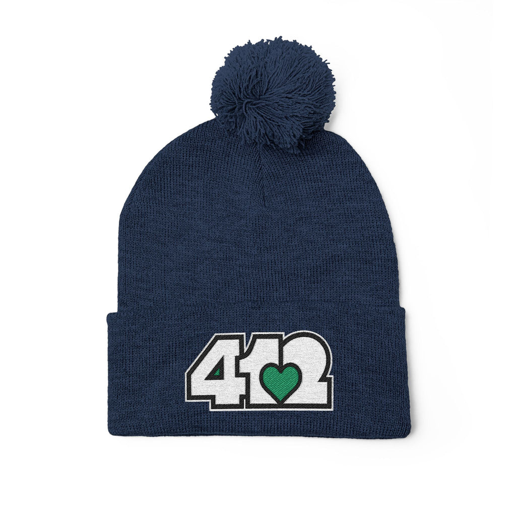 Pittsburgh 412 White Green Heart Embroidered Pom Beanie