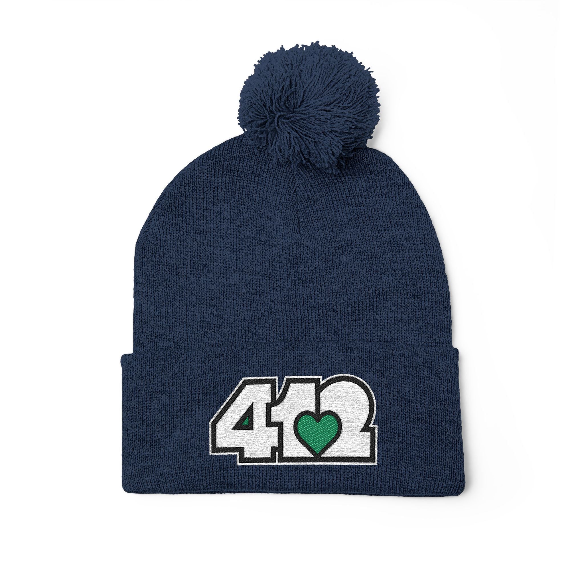 Pittsburgh 412 White Green Heart Embroidered Pom Beanie