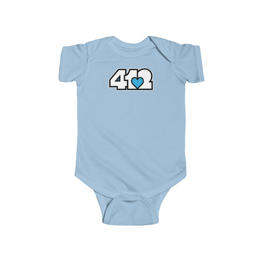 412 Infant Bodysuit - Blue Heart, White Logo