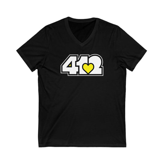412 Women's V-Neck - Yellow Heart, White Logo