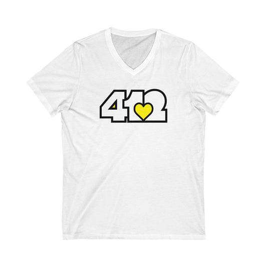 412 Women's V-Neck - Yellow Heart, White Logo