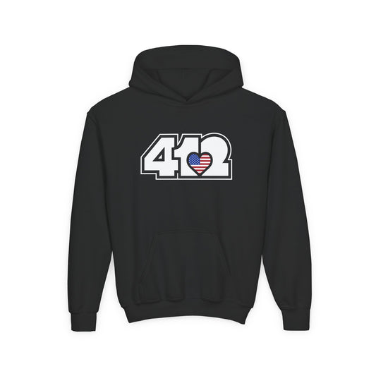 412 Classic Fit Youth Hoodie - Stars & Stripes Heart, White Logo