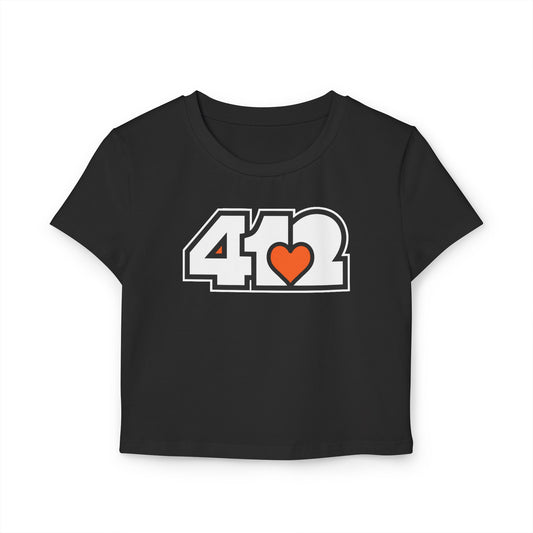 412 Women's Crop Top – Orange Heart, White Logo