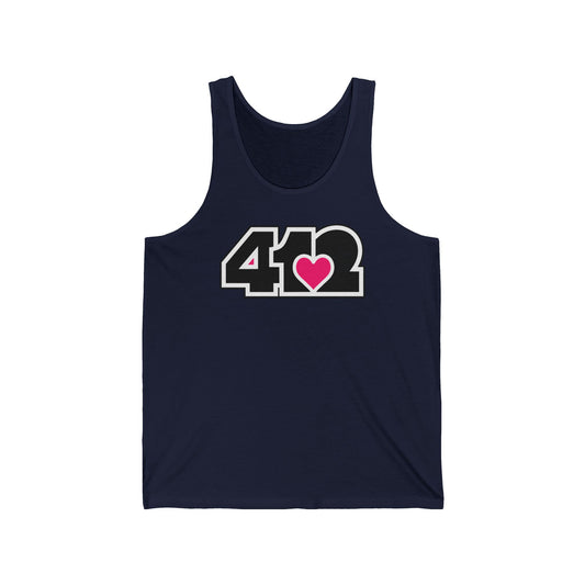 412 Unisex Jersey Tank - Pink Heart, Black Logo