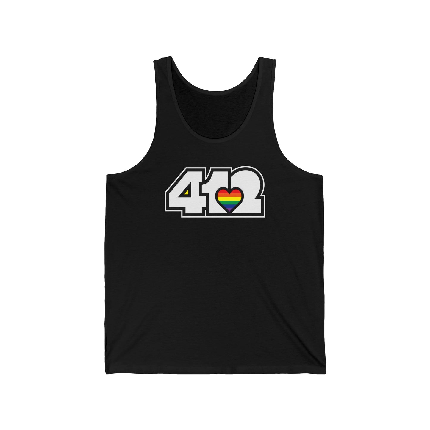 412 Unisex Jersey Tank - Rainbow Heart, White Logo