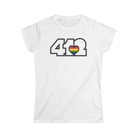 412 Women's Softstyle Tee - Rainbow Heart, White Logo