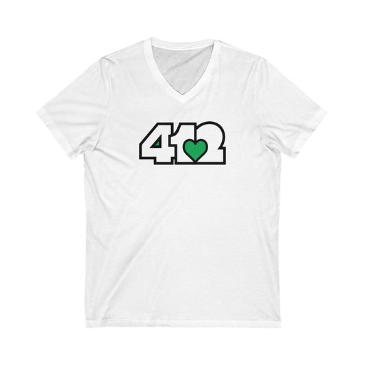 412 Women's V-Neck - Green Heart, White Logo