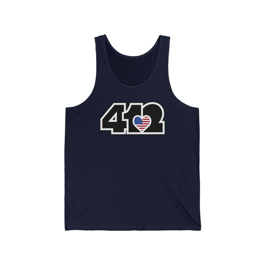 412 Unisex Jersey Tank - Stars & Stripes Heart, Black Logo