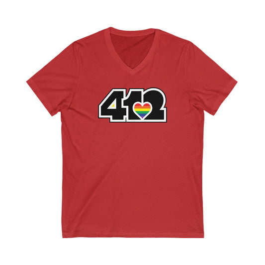 412 Women's V-Neck - Rainbow Heart, Black Logo