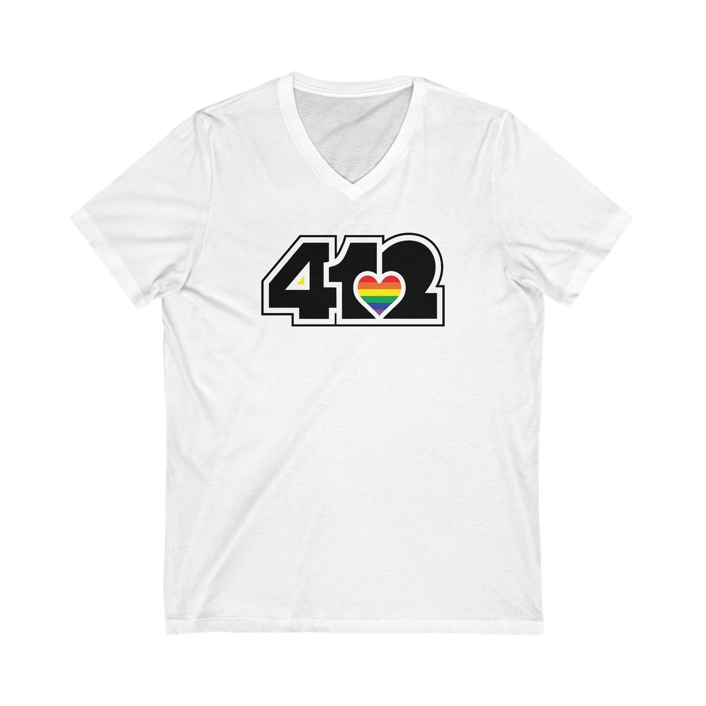 412 Women's V-Neck - Rainbow Heart, Black Logo