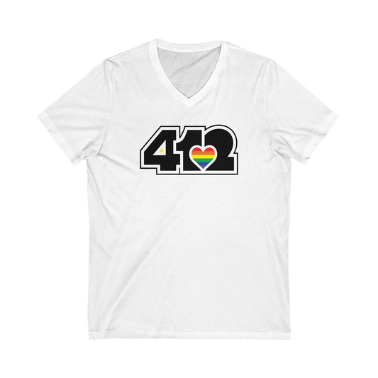 412 Women's V-Neck - Rainbow Heart, Black Logo