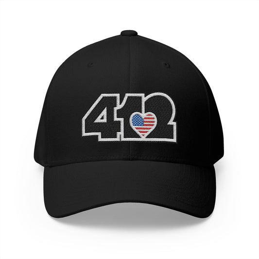 412 Stretch Fit Crown - Embroidered Stars & Stripes Heart, Black Logo