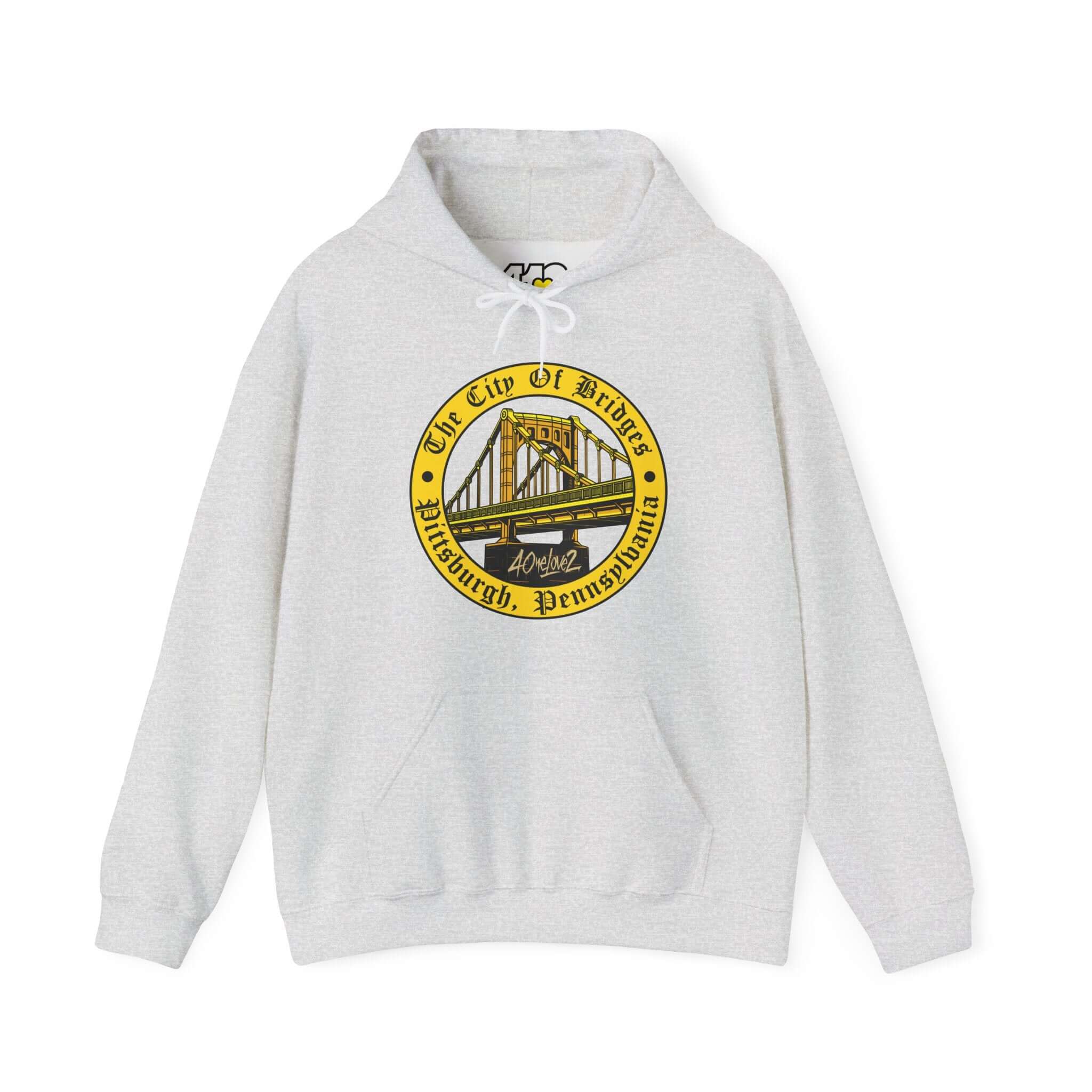 City of Bridges Hoodie | The City of Bridges Apparel Color: Ash. 50/50 cotton-poly blend, cozy fit, kangaroo pocket, adjustable drawstring hood.