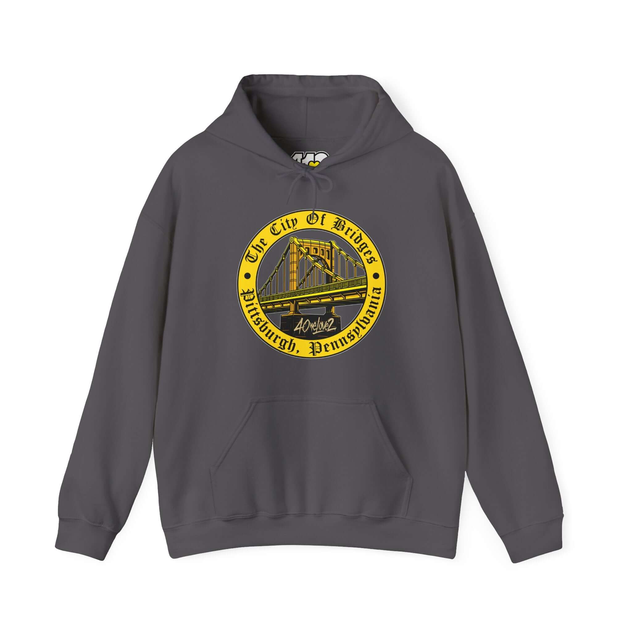 City of Bridges Hoodie | The City of Bridges Apparel Color: Charcoal. 50/50 cotton-poly blend, cozy fit, kangaroo pocket, adjustable drawstring hood.
