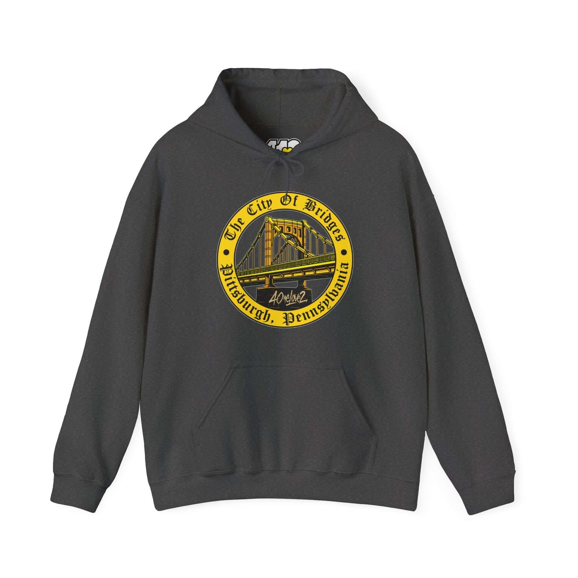 City of Bridges Hoodie | The City of Bridges Apparel Color: Dark Heather. 50/50 cotton-poly blend, cozy fit, kangaroo pocket, adjustable drawstring hood.