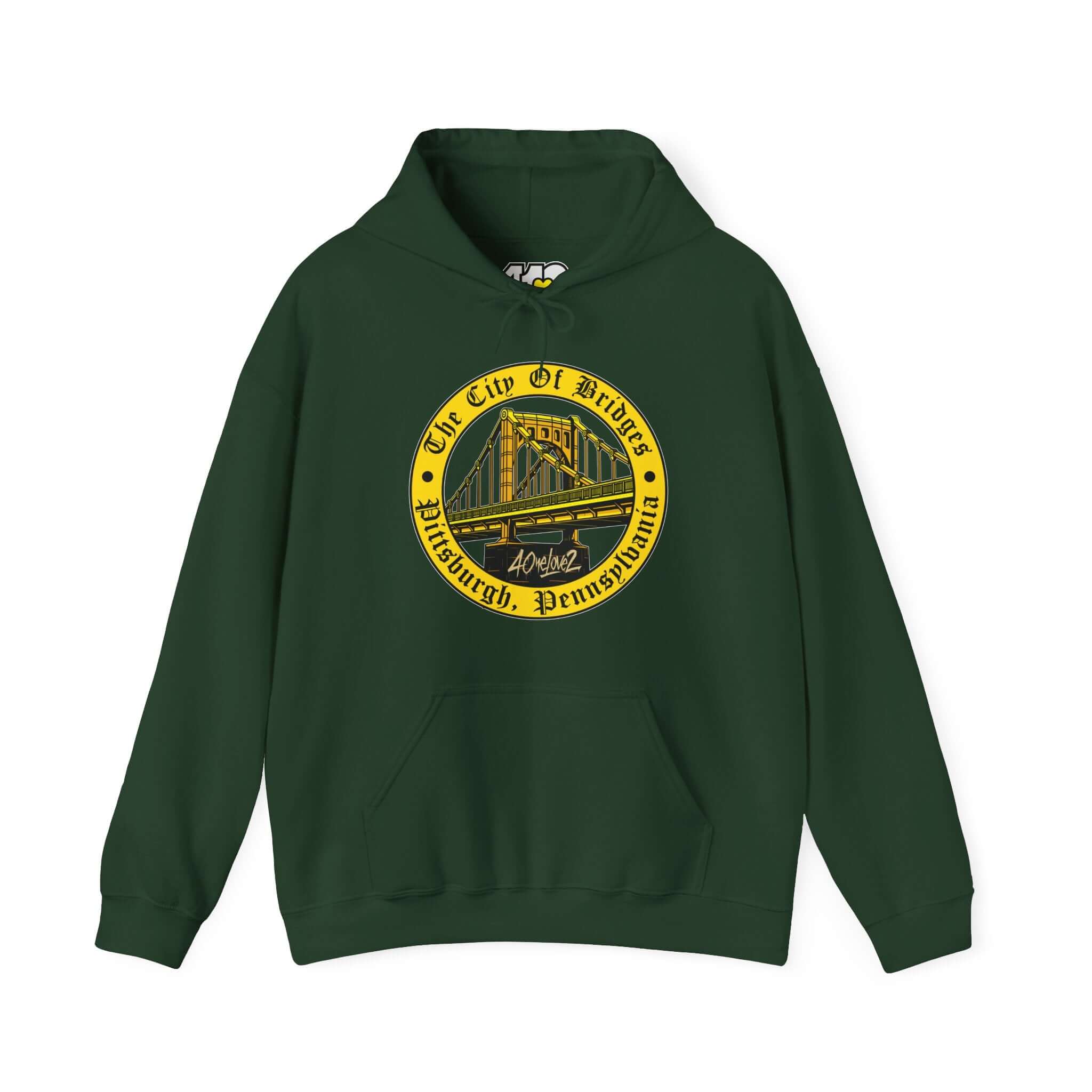City of Bridges Hoodie | The City of Bridges Apparel Color: Forest Green. 50/50 cotton-poly blend, cozy fit, kangaroo pocket, adjustable drawstring hood.