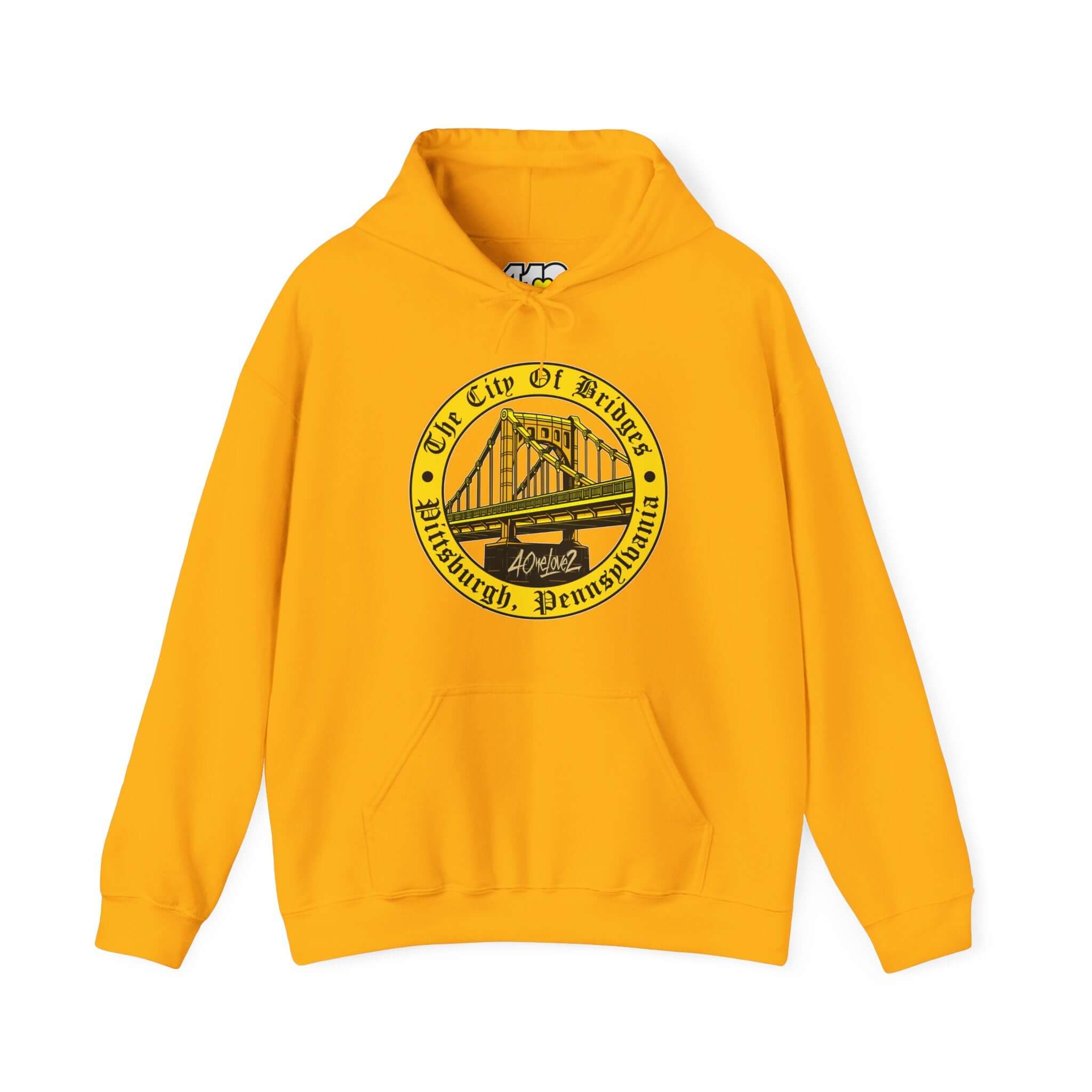 City of Bridges Hoodie | The City of Bridges Apparel Color: Gold. 50/50 cotton-poly blend, cozy fit, kangaroo pocket, adjustable drawstring hood.