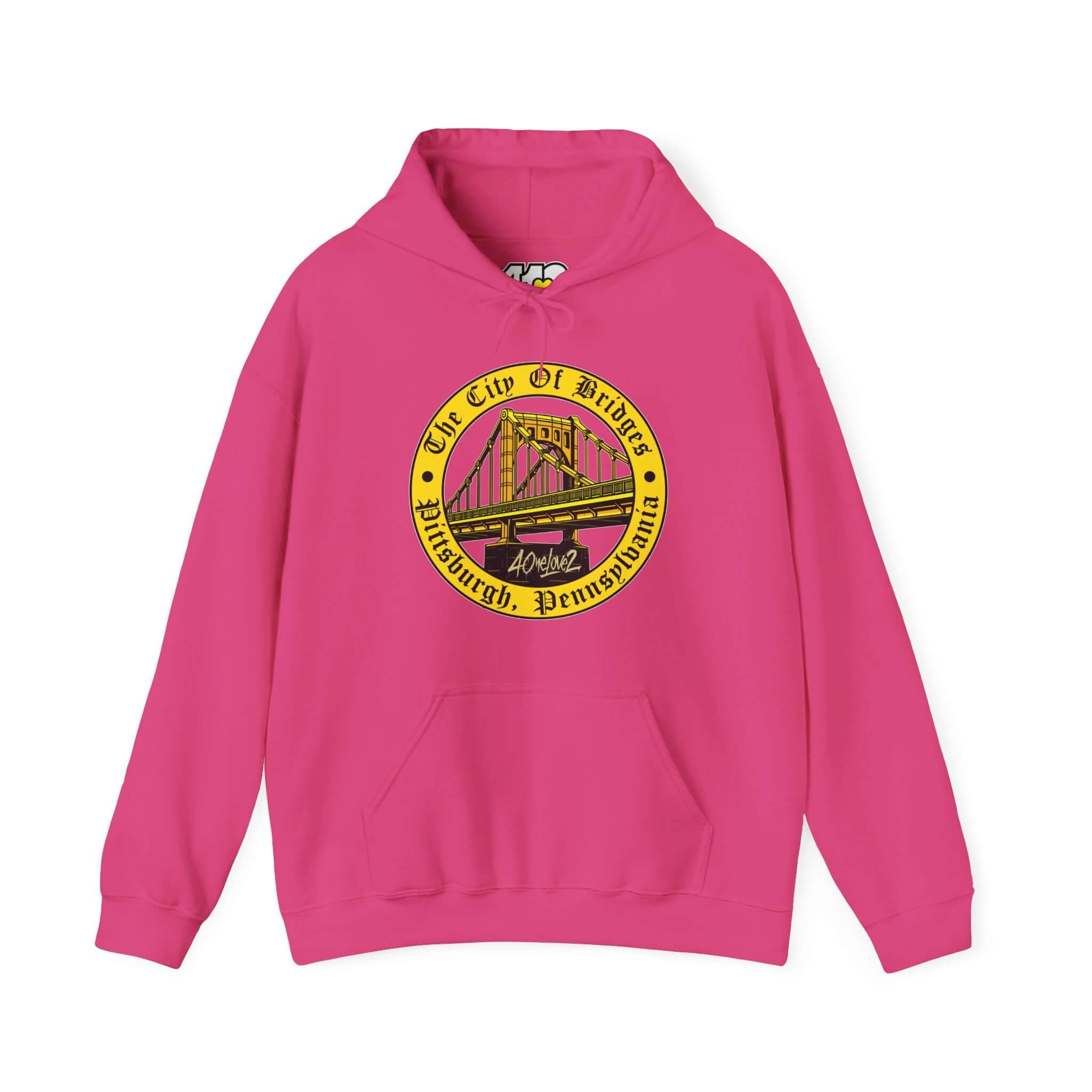 City of Bridges Hoodie | The City of Bridges Apparel Color: Heliconia. 50/50 cotton-poly blend, cozy fit, kangaroo pocket, adjustable drawstring hood.