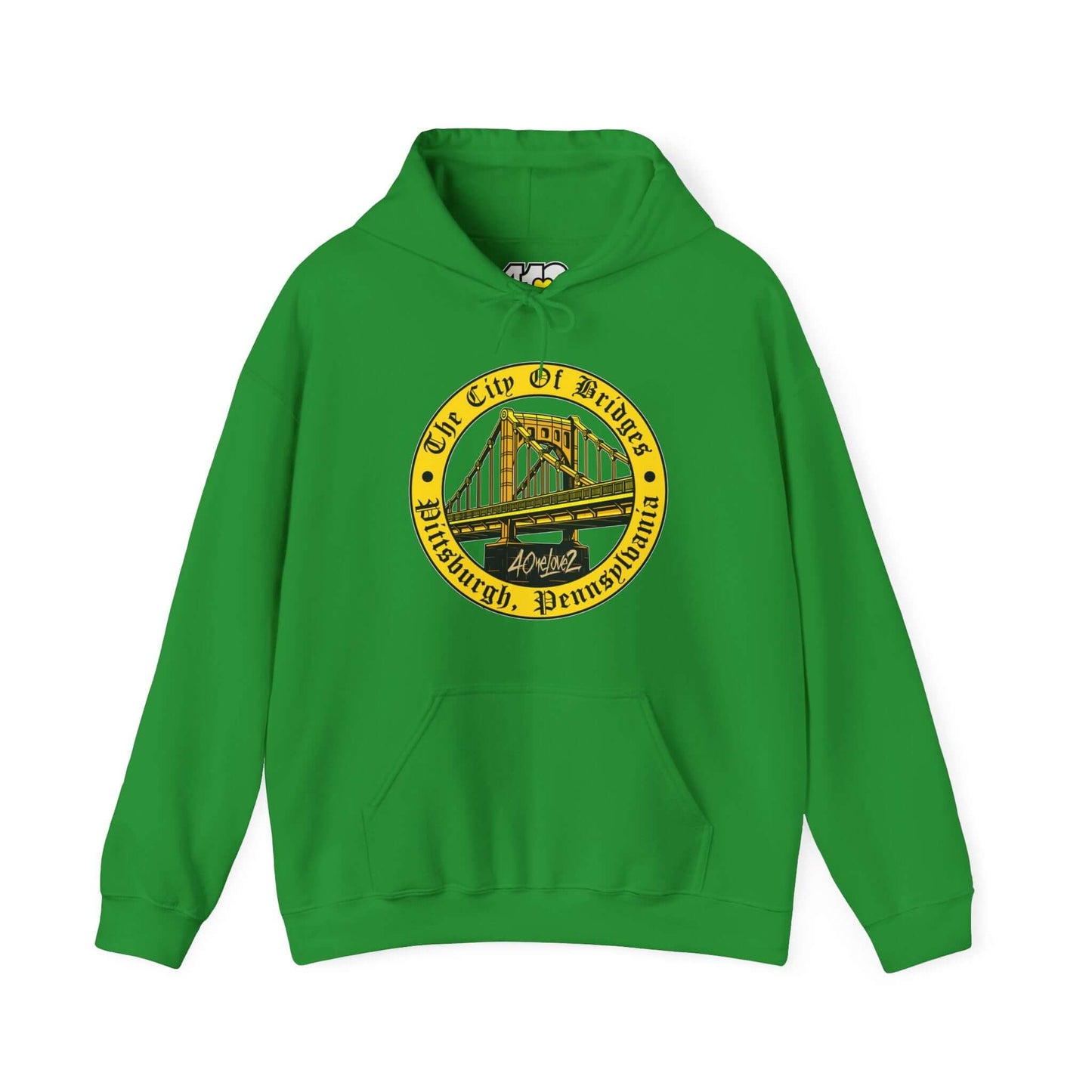 City of Bridges Hoodie | The City of Bridges Apparel Color: Irish Green. 50/50 cotton-poly blend, cozy fit, kangaroo pocket, adjustable drawstring hood.