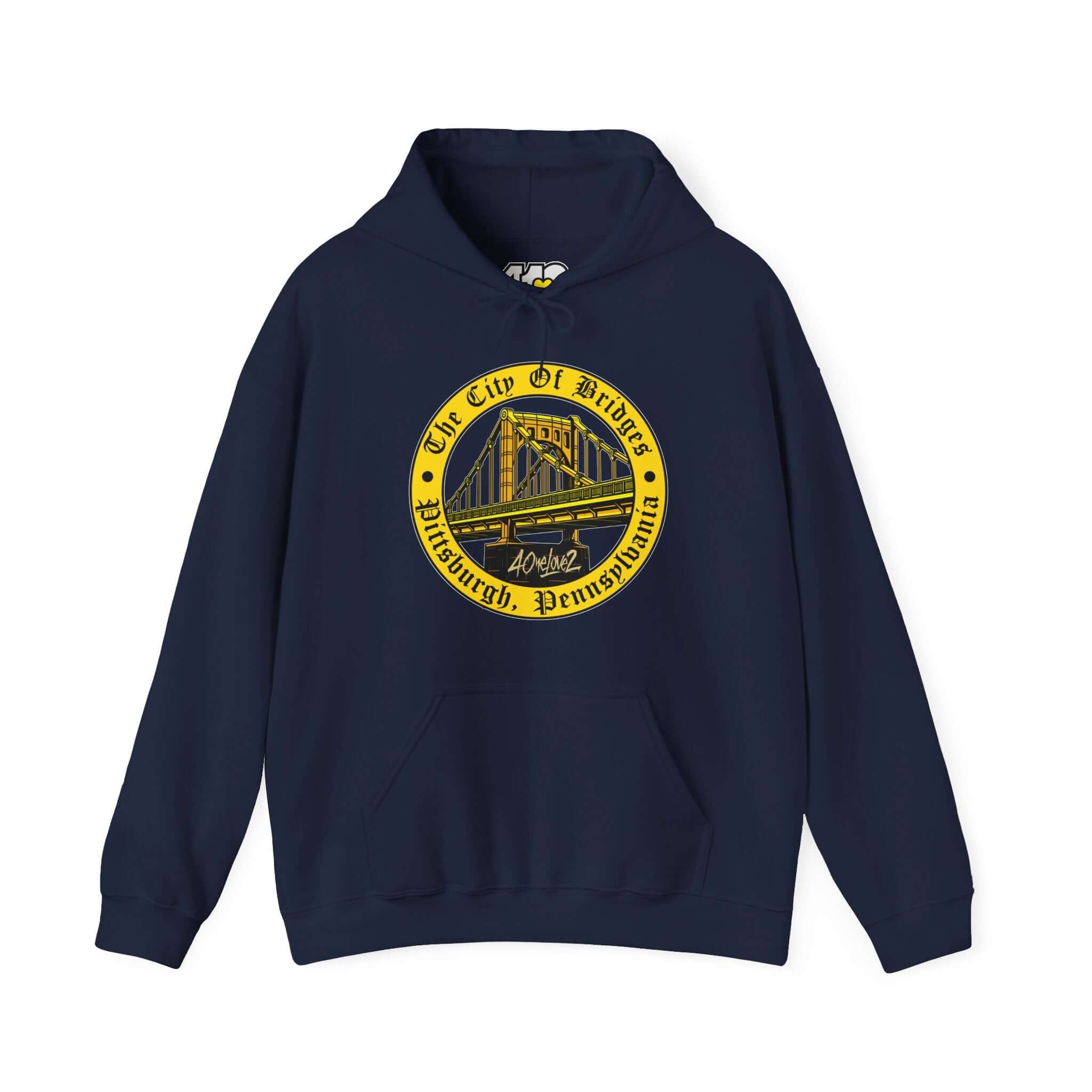 City of Bridges Hoodie | The City of Bridges Apparel Color: Navy. 50/50 cotton-poly blend, cozy fit, kangaroo pocket, adjustable drawstring hood.