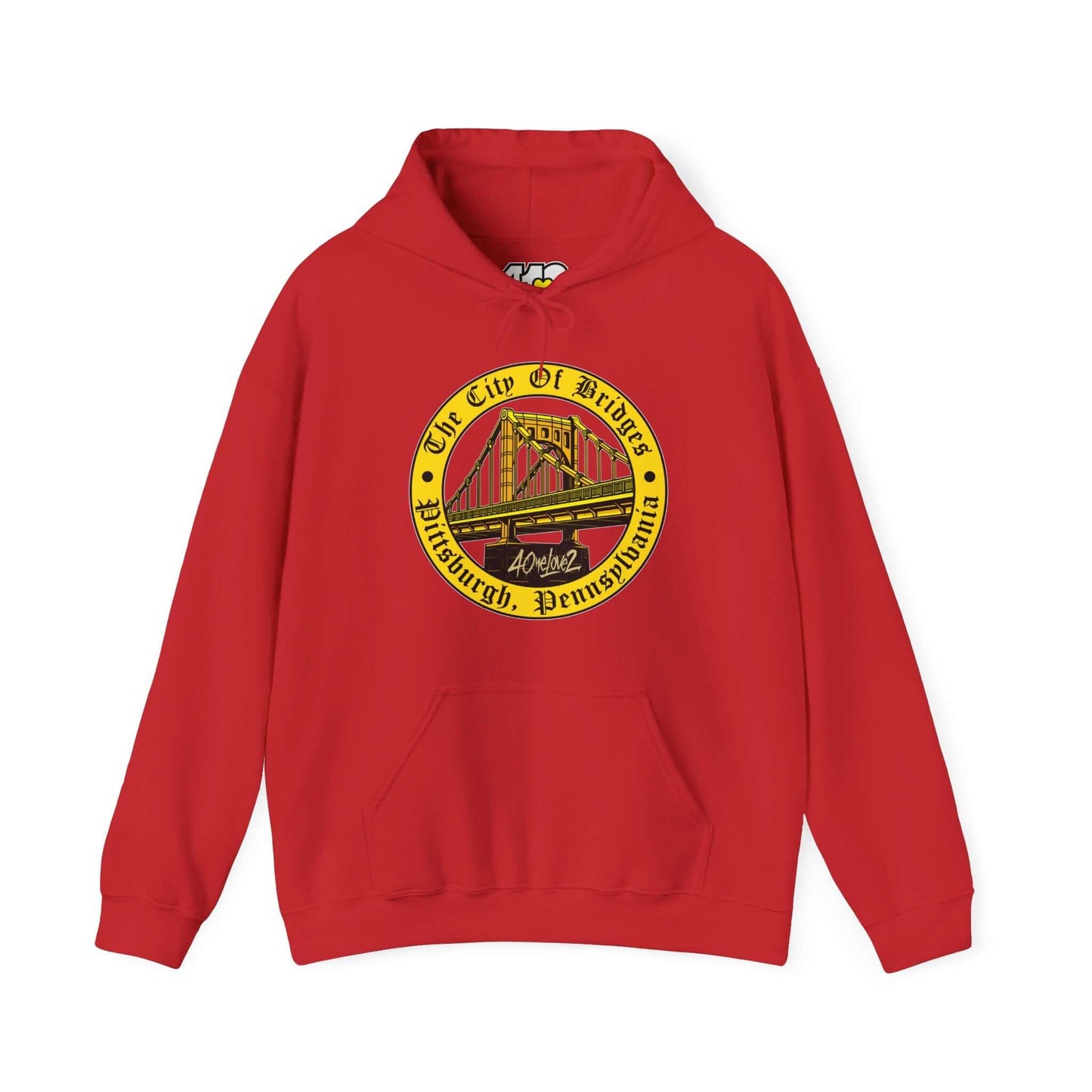 City of Bridges Hoodie | The City of Bridges Apparel Color: Red. 50/50 cotton-poly blend, cozy fit, kangaroo pocket, adjustable drawstring hood.